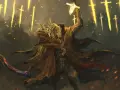 Un poderoso guerrero, uno de los personajes de Elden Ring, alza una espada dorada bajo una lluvia de espadas celestiales.
