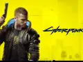 Un hombre con implantes cibernéticos y una chaqueta de cuero sostiene un arma. El logo de Cyberpunk 2077 aparece a la derecha. Ideal para tu **guía trofeos Cyberpunk 2077**.