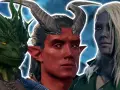 Un dragón verde, un tiefling con cuernos y una elfa oscura, mostrando las diversas razas de Baldur's Gate 3.