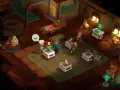 Personajes interactúan en una tienda de **Moonlighter 2**. Un pequeño robot sonriente se acerca a un cliente.
