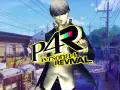 El protagonista de Persona 4 Revival, un remake, se alza sobre un pueblo japonés con un logo llamativo.