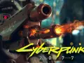 Un oficial de policía de **Cyberpunk 2077** dispara un arma futurista con llamas saliendo del cañón.