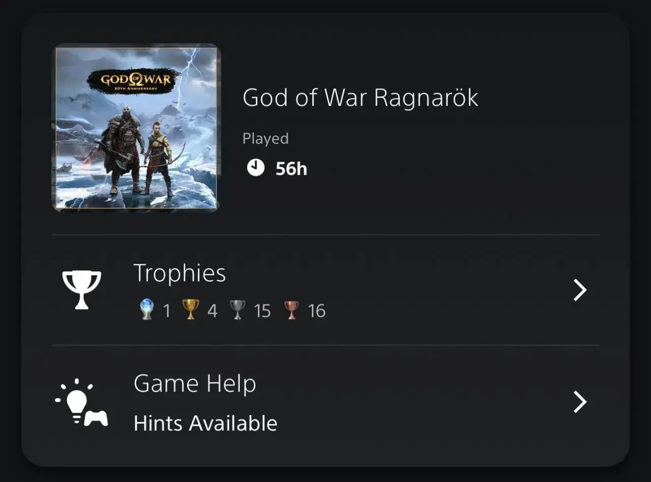 Kratos y Atreus en God of War Ragnarök. 56 horas jugadas y 1 trofeo platino. ¡Una aventura épica!