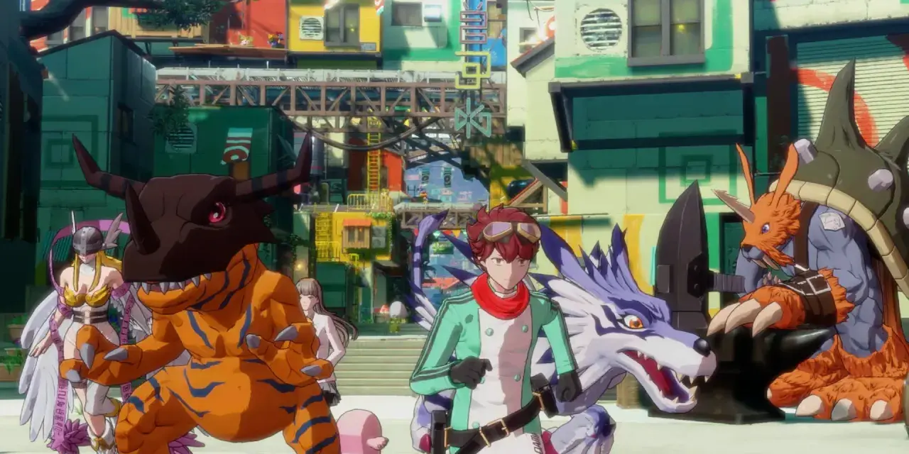 Un chico y sus Digimon, incluyendo a Agumon y Gabumon, se encuentran en una ciudad colorida. Es un momento de **digimon story time stranger**.
