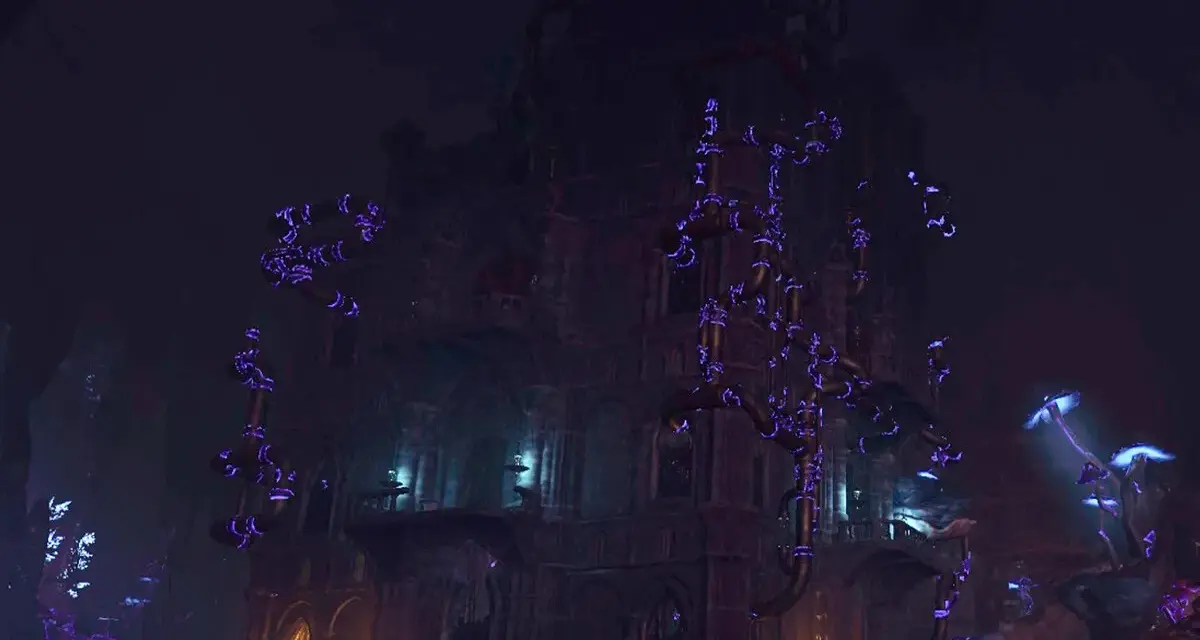 La torre arcana BG3 se alza en la oscuridad, rodeada de extraños hongos luminiscentes y tuberías que brillan con energía púrpura.