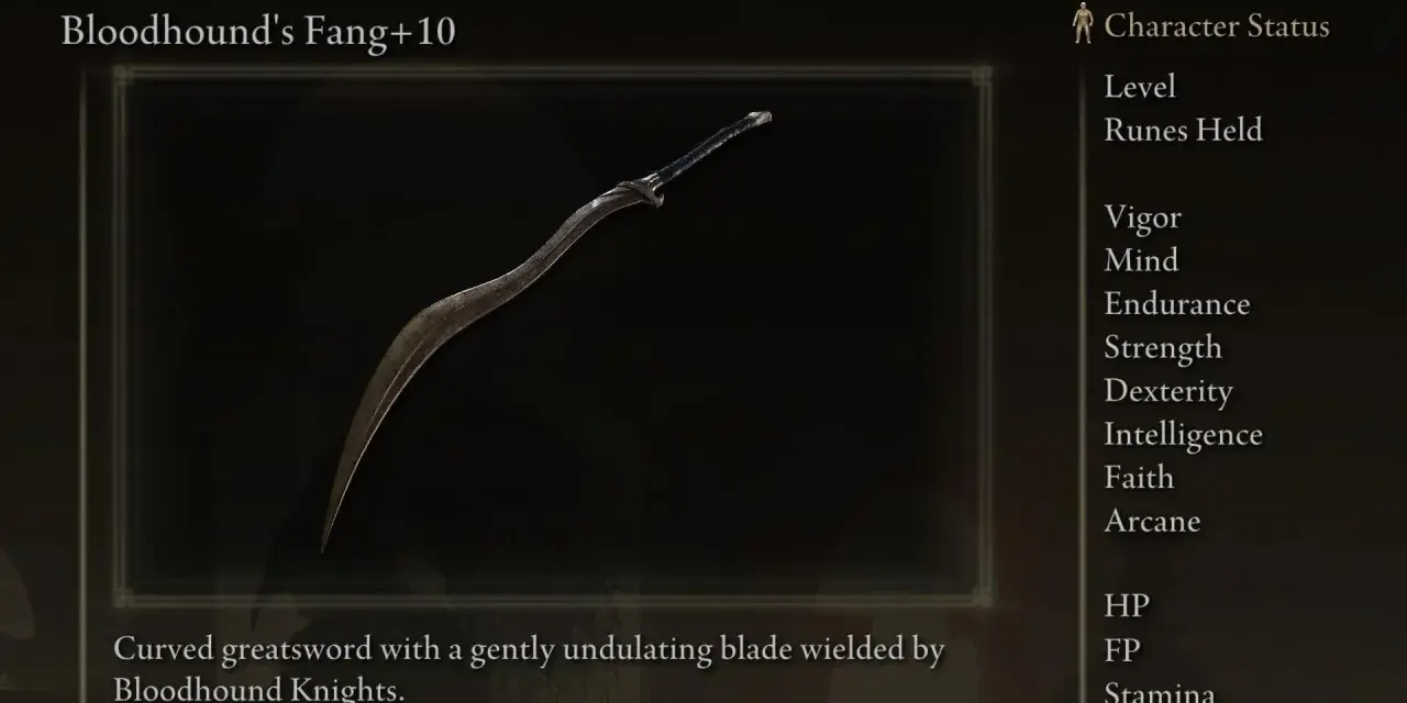 La "Bloodhound's Fang" es una de las mejores armas destreza en Elden Ring, una gran espada curva con una hoja ondulante.