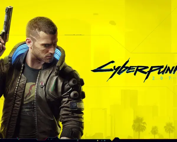 Un hombre con implantes cibernéticos y una chaqueta de cuero sostiene un arma. El logo de Cyberpunk 2077 aparece a la derecha. Ideal para tu **guía trofeos Cyberpunk 2077**.