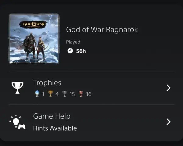 Kratos y Atreus en God of War Ragnarök. 56 horas jugadas y 1 trofeo platino. ¡Una aventura épica!