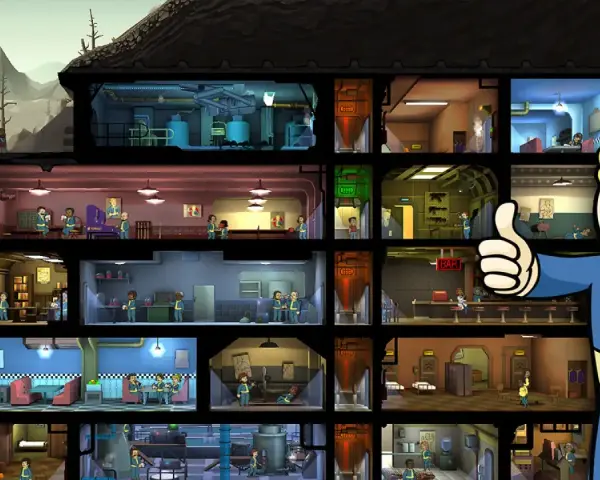 Vault Boy da pulgar arriba sobre un refugio subterráneo lleno de gente, con habitaciones y actividades. ¡Descubre los mejores fallout shelter trucos!