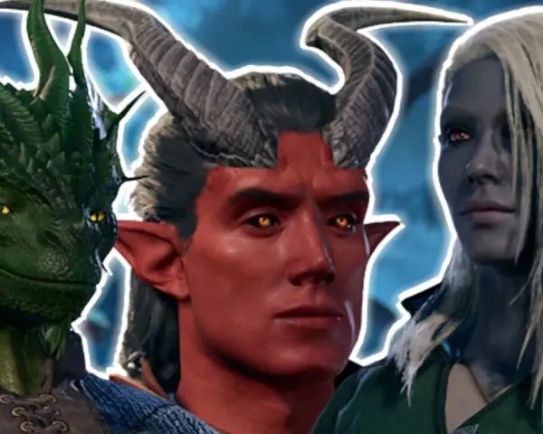 Un dragón verde, un tiefling con cuernos y una elfa oscura, mostrando las diversas razas de Baldur's Gate 3.