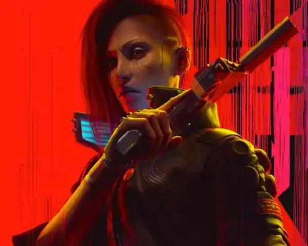 Una mujer con un corte de pelo asimétrico y cicatrices cibernéticas sostiene un arma futurista. Arte promocional de Cyberpunk 2077 Phantom Liberty.