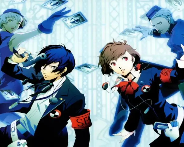 Personajes de Persona 3 Portable, con cartas flotando. ¿Cuáles serán sus respuestas?