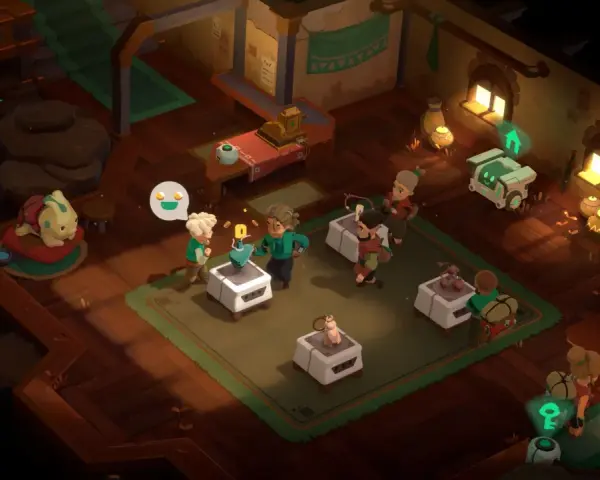 Personajes interactúan en una tienda de **Moonlighter 2**. Un pequeño robot sonriente se acerca a un cliente.