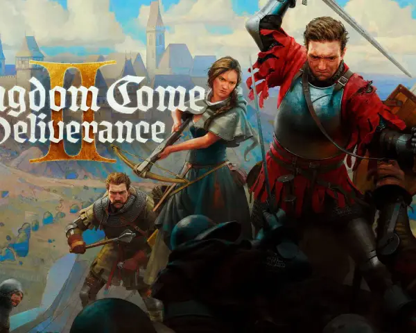 La portada de Kingdom Come Deliverance 2 muestra a guerreros en combate medieval, con un caballero de rojo en primer plano.