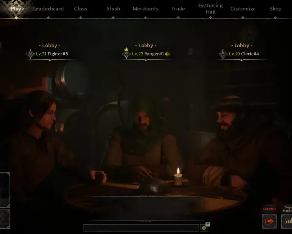 Tres aventureros esperan en la penumbra, listos para adentrarse en lo **dark and darker**. Un guerrero, un explorador y un clérigo se preparan para la misión.