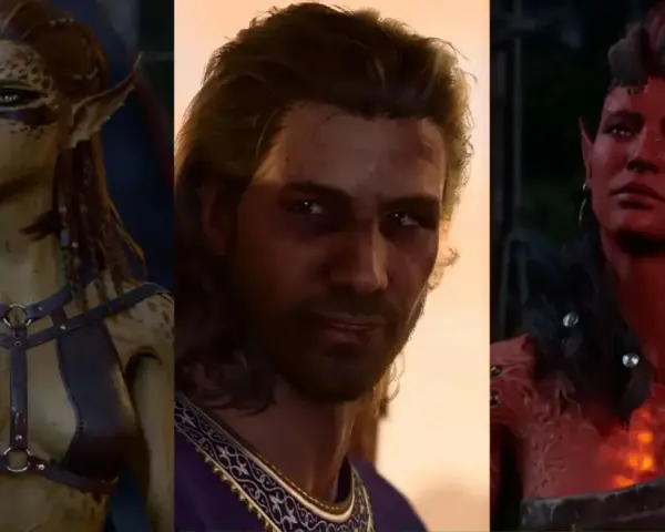 Tres personajes de Baldur's Gate 3: una mujer con piel moteada, un hombre con cabello largo y una mujer demonio. ¿Cuál será tu romance?