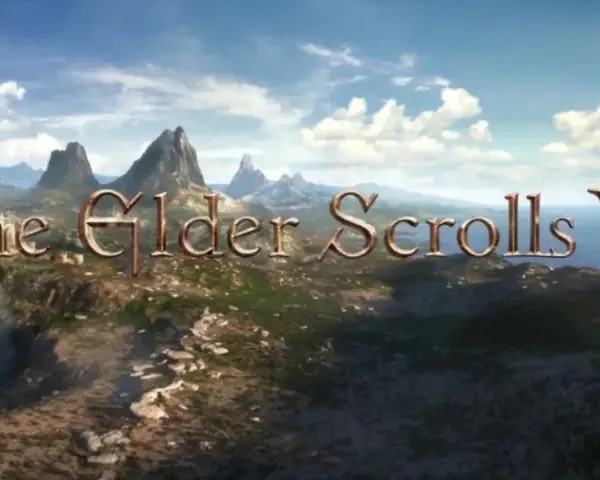 El título "The Elder Scrolls VI" se cierne sobre un paisaje montañoso y costero, anunciando una nueva aventura.