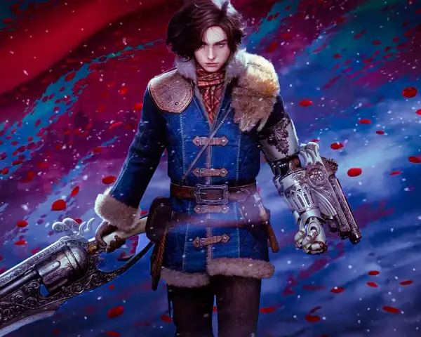 Joven con brazo mecánico y arma antigua, rodeado de pétalos rojos. ¿Será esta la aventura que trae el dlc Lies of P?