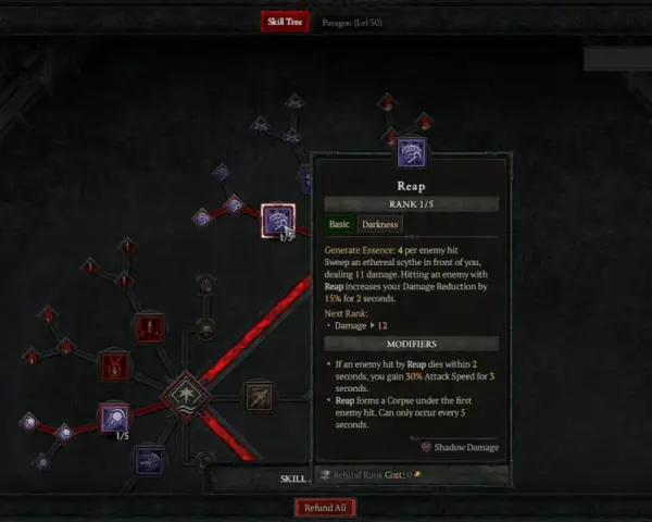Árbol de habilidades de Diablo 4: build nigromante diablo 4, habilidad "Reap" con modificadores de daño y velocidad de ataque.