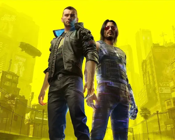 Dos hombres en Night City, uno con chaqueta de cuero y otro con chaleco táctico, listos para aplicar trucos de Cyberpunk 2077.