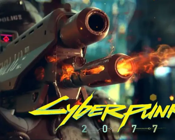 Un oficial de policía de **Cyberpunk 2077** dispara un arma futurista con llamas saliendo del cañón.