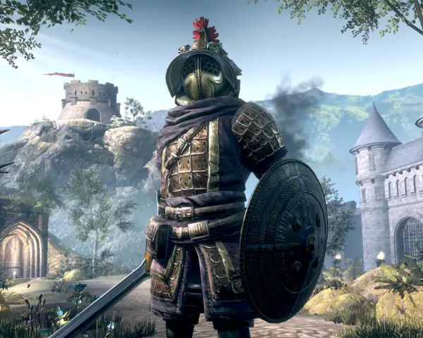 Guerrero con armadura dorada y escudo redondo, listo para la batalla en The Elder Scrolls: Blades.