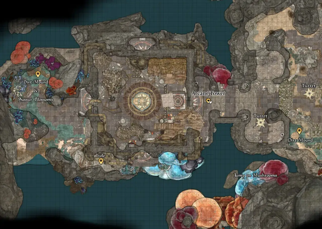 Mapa de Baldur's Gate 3 con la Torre Arcana, montículos de tierra, flores Sussur y torretas.