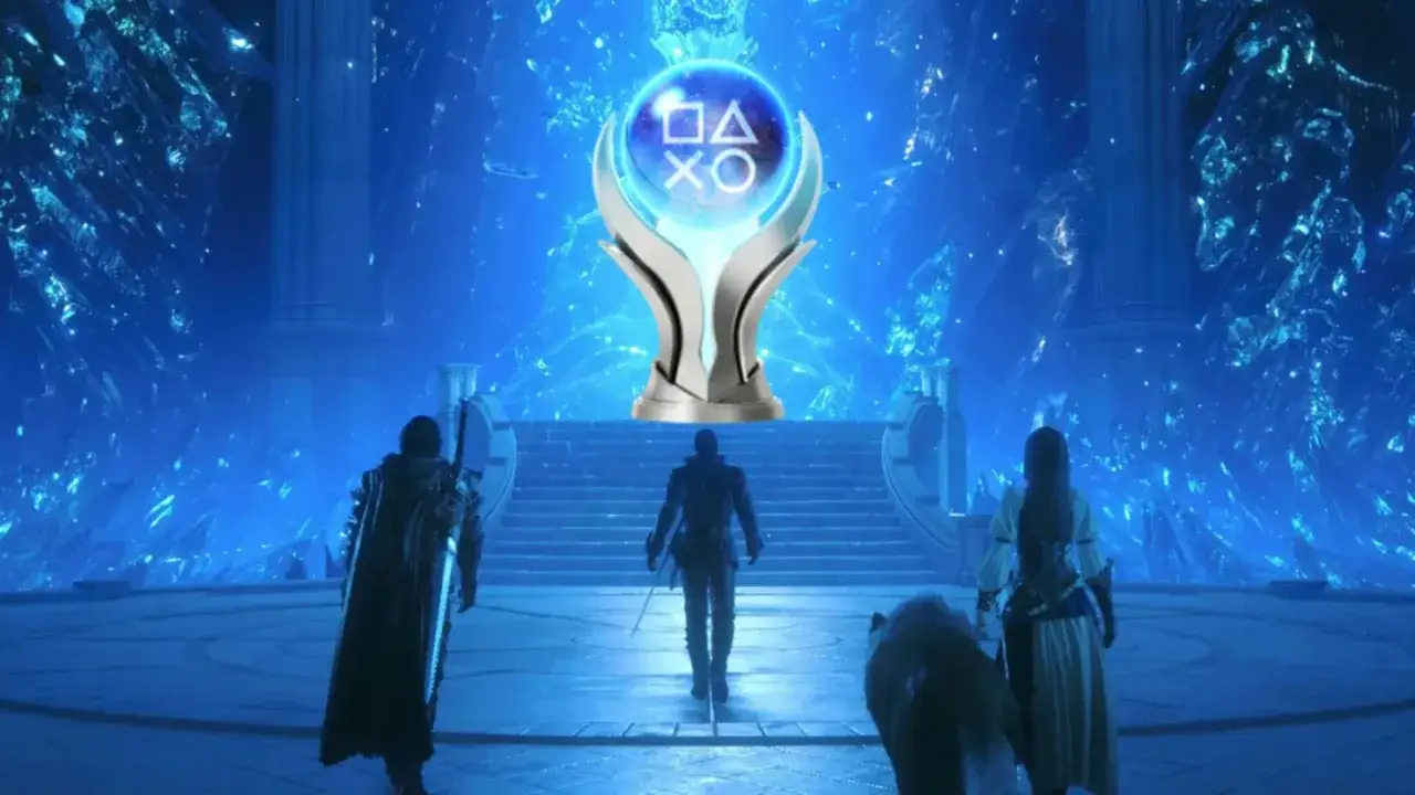 Clive y sus compañeros se acercan a un trofeo de PlayStation en un mundo de cristal azul, ¡buscando los trofeos de Final Fantasy XVI!