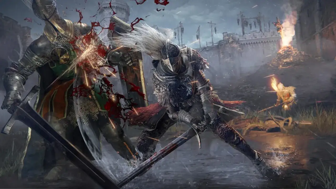 Un guerrero con armadura plateada y capa roja se enfrenta a un oponente blindado en una batalla épica, típica de los Elden Ring bosses.