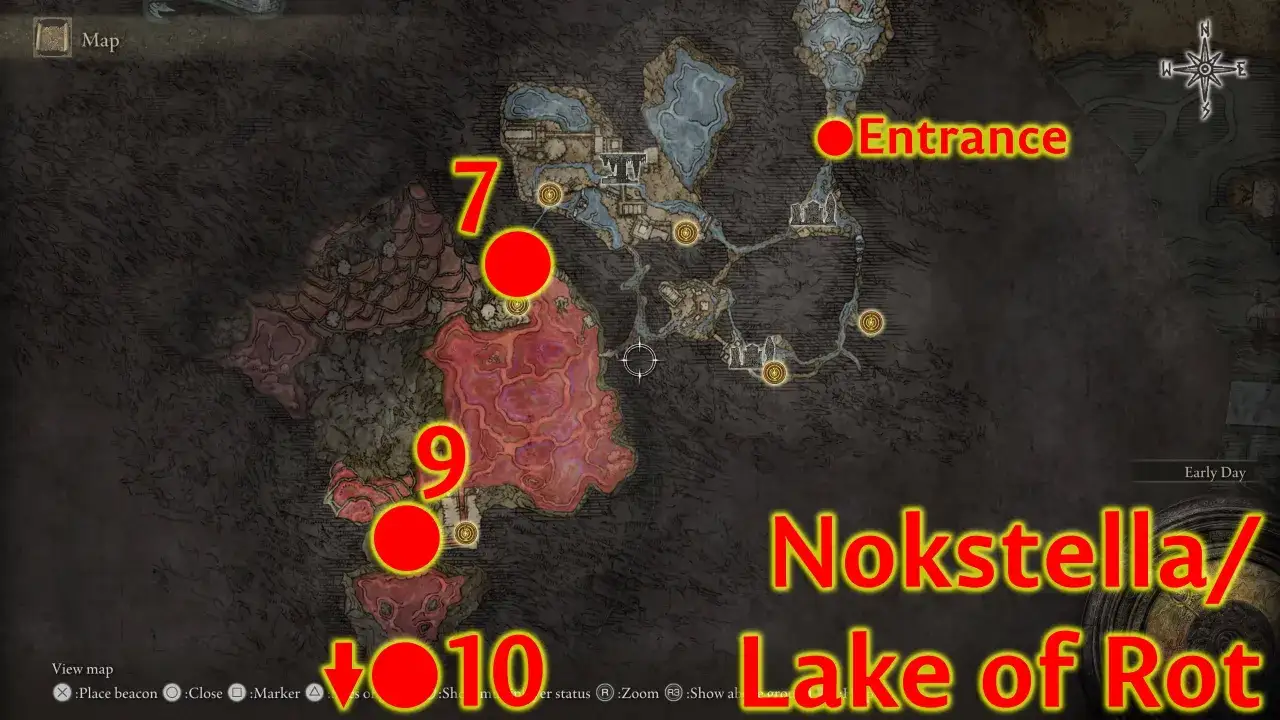 Mapa de Nokstella y el Lago de la Putrefacción, con marcadores para la quest de Ranni.