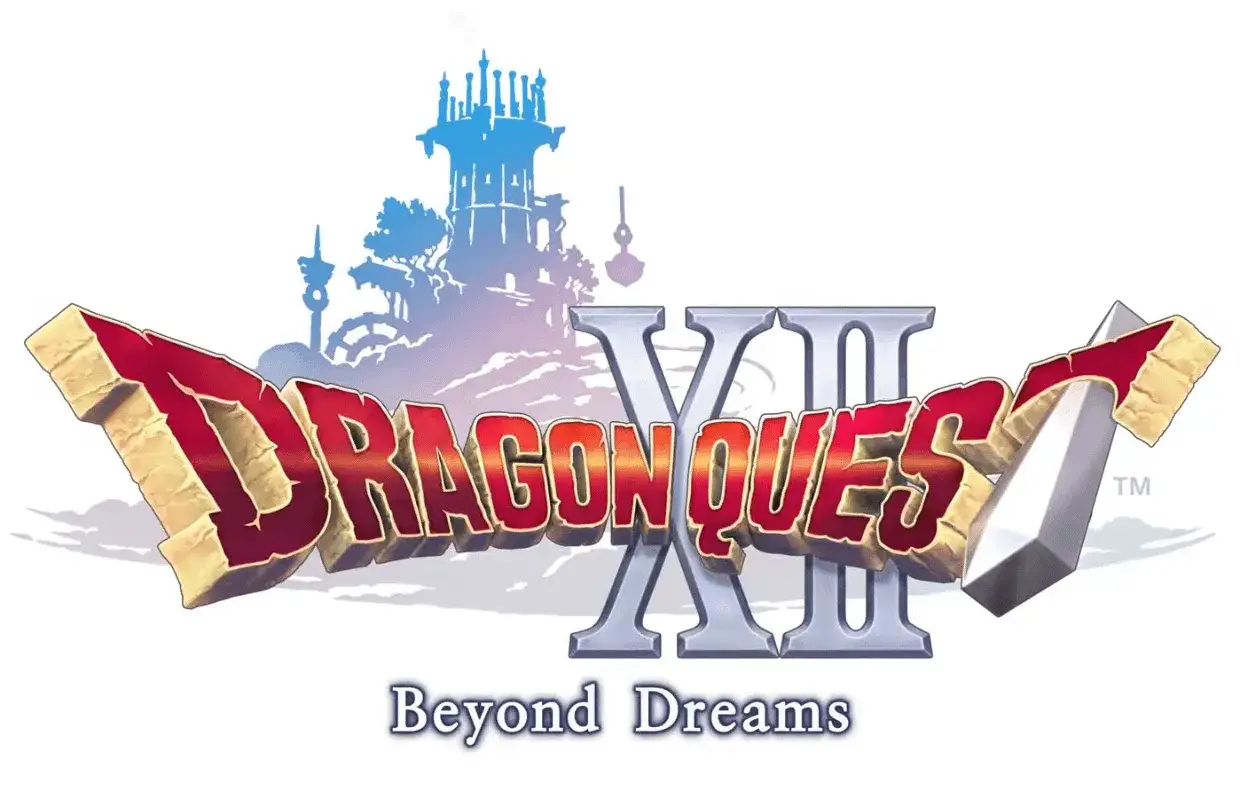 El logo de Dragon Quest XII: Beyond Dreams, con una torre azul al fondo y el título en 3D rojo y plateado.