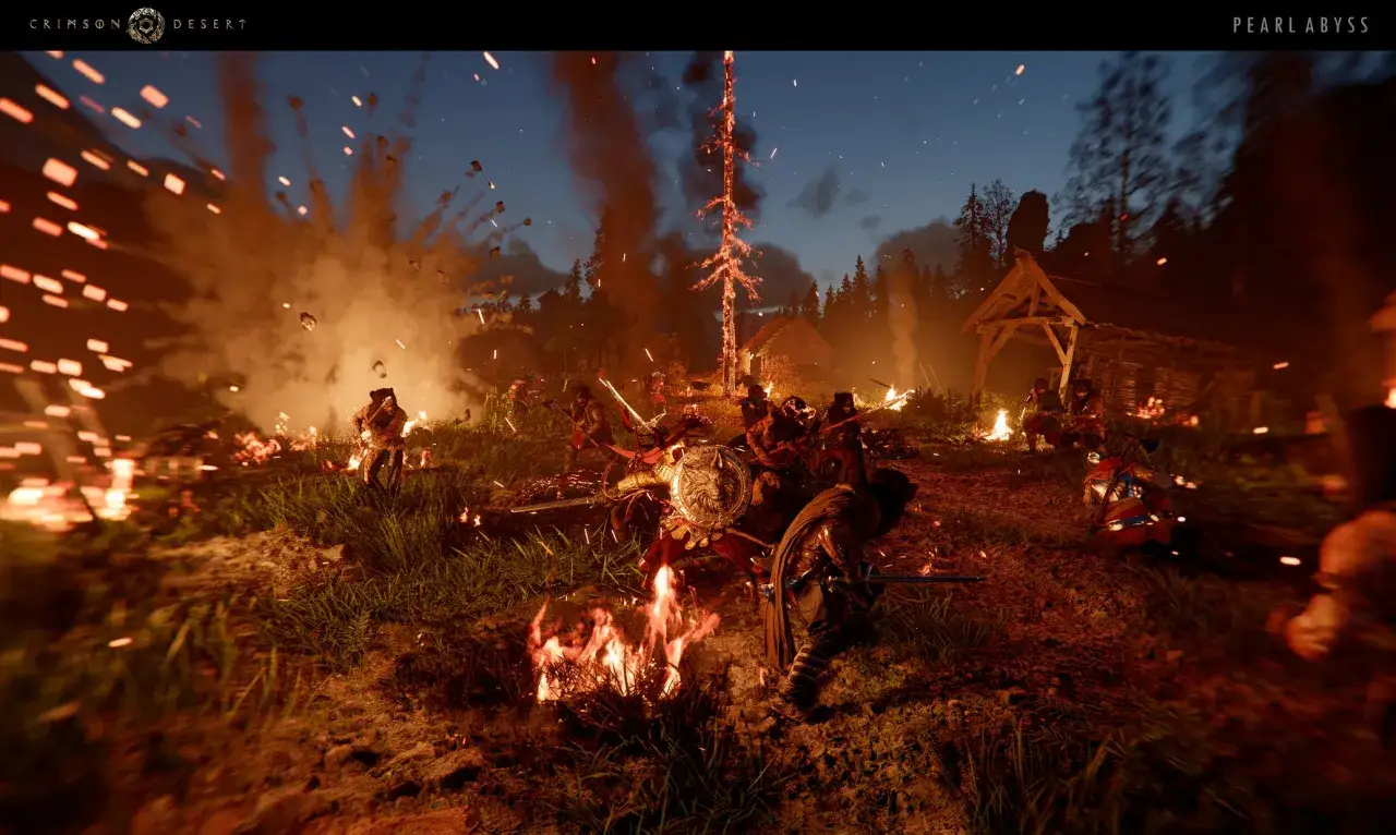 Guerreros luchan en un paisaje de crimson desert denuvo, con explosiones y un árbol en llamas.