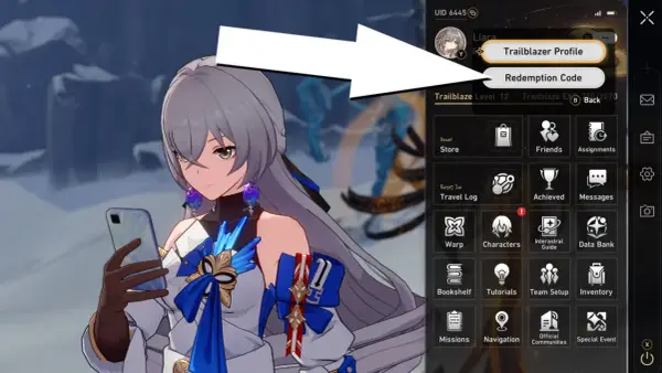 Interfaz de Honkai Star Rail con opción "Redemption Code" para canjear códigos.