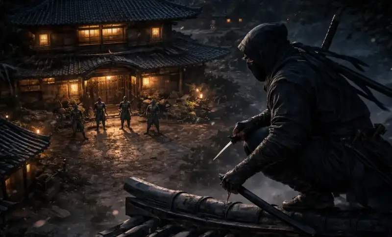 Un ninja acecha desde un tejado, observando a otros guerreros en un pueblo iluminado. La escena evoca la tensión de los juegos de ninjas.