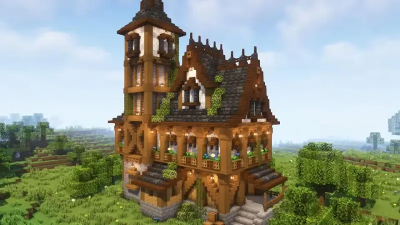 Una mansión de Minecraft con torre alta, tejados de pizarra y madera, rodeada de un paisaje verde y frondoso.